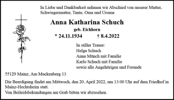 Traueranzeige von Anna Katharina Schuch von vrm-trauer AZ Mainz