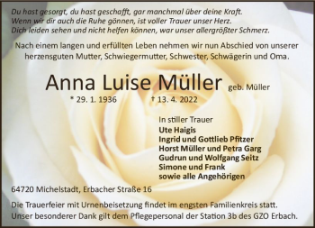 Traueranzeige von Anna Luise Müller von vrm-trauer Odenwälder Echo
