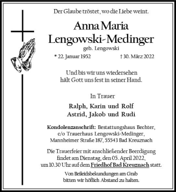 Traueranzeige von Anna Maria Lengowski-Medinger von vrm-trauer Allg. Zeitung Bad Kreuznach