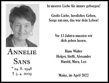 Traueranzeige von Annelie Sans von vrm-trauer AZ Mainz