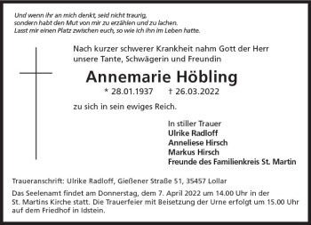 Traueranzeige von Annemarie Höbling von vrm-trauer Idsteiner Zeitung