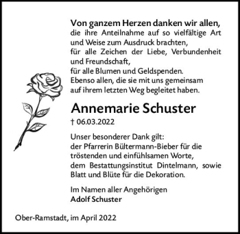 Traueranzeige von Annemarie Schuster von vrm-trauer Darmstädter Echo