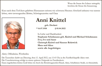 Traueranzeige von Anni Knittel von vrm-trauer Allgemeine Zeitung Alzey