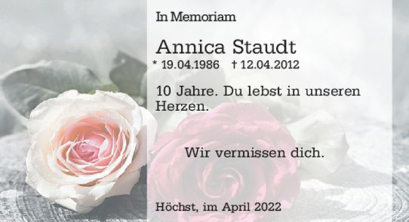  Traueranzeige für Annica Staudt vom 12.04.2022 aus vrm-trauer Odenwälder Echo