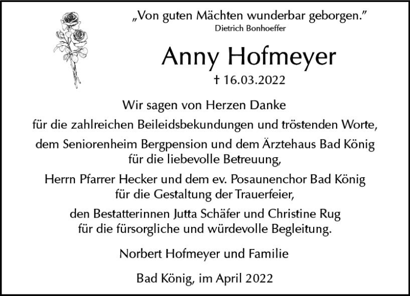  Traueranzeige für Anny Hofmeyer vom 23.04.2022 aus vrm-trauer Odenwälder Echo