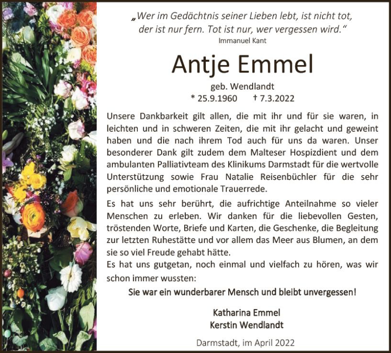  Traueranzeige für Antje Emmel vom 09.04.2022 aus vrm-trauer Darmstädter Echo