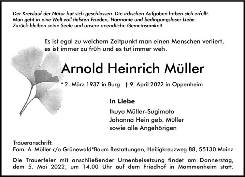  Traueranzeige für Arnold Heinrich Müller vom 30.04.2022 aus vrm-trauer AZ Mainz
