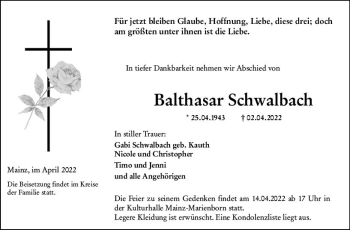 Traueranzeige von Balthasar Schwalbach von vrm-trauer AZ Mainz