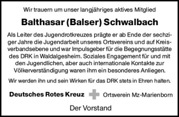 Traueranzeige von Balthasar Schwalbach von vrm-trauer AZ Mainz