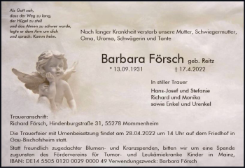 Traueranzeige von Barbara Försch von vrm-trauer AZ Mainz