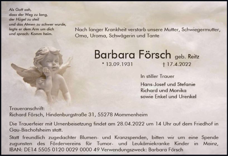 Traueranzeige für Barbara Försch vom 23.04.2022 aus vrm-trauer AZ Mainz