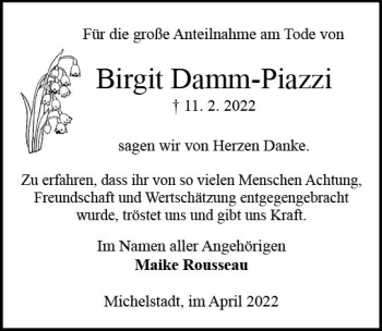 Traueranzeige von Birgit Damm-Piazzi von vrm-trauer Odenwälder Echo