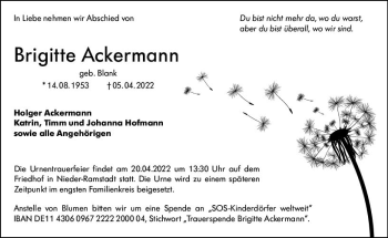 Traueranzeige von Brigitte Ackermann von vrm-trauer Darmstädter Echo
