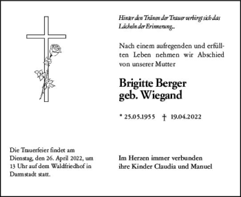 Traueranzeige von Brigitte Berger von vrm-trauer Darmstädter Echo