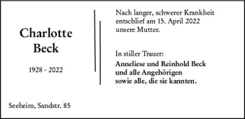 Traueranzeige von Charlotte Beck von vrm-trauer Darmstädter Echo