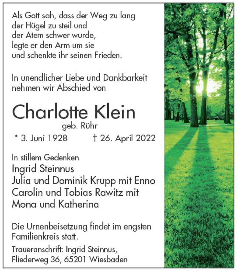  Traueranzeige für Charlotte Klein vom 30.04.2022 aus vrm-trauer Wiesbadener Kurier