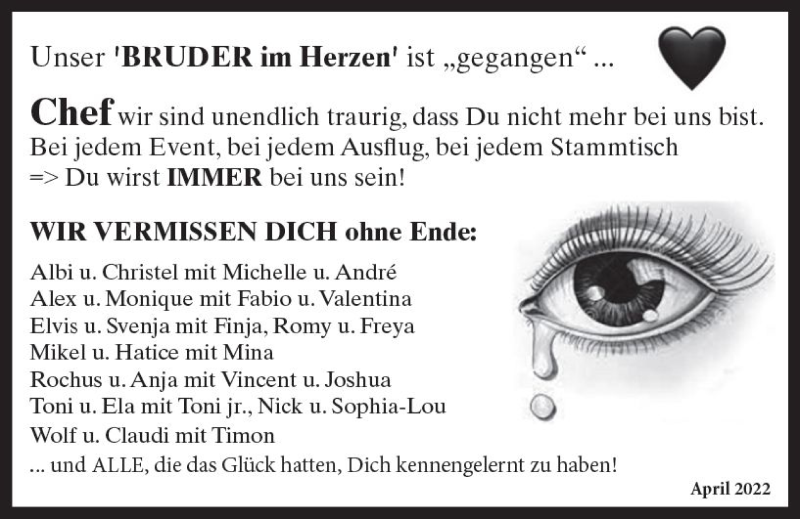  Traueranzeige für Chef  vom 07.04.2022 aus vrm-trauer Wiesbadener Kurier