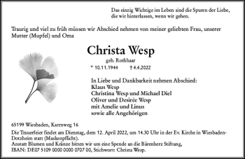 Traueranzeige von Christa Wesp von vrm-trauer Wiesbadener Kurier