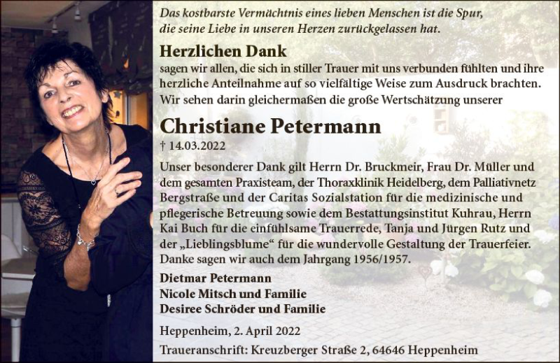  Traueranzeige für Christiane Petermann vom 02.04.2022 aus vrm-trauer Bergsträßer Anzeiger
