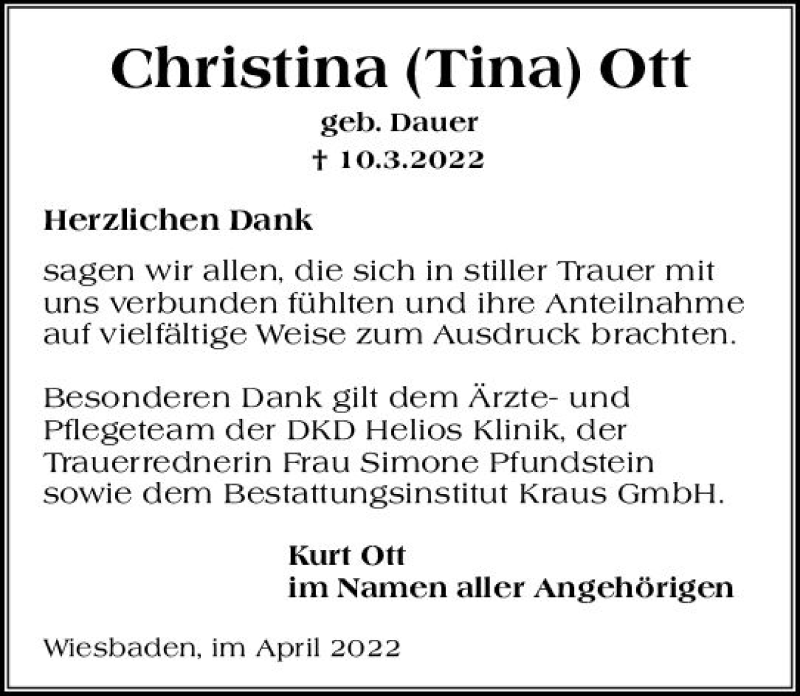  Traueranzeige für Christina Ott vom 09.04.2022 aus vrm-trauer Wiesbadener Kurier