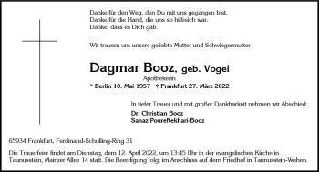 Traueranzeige von Dagmar Booz von vrm-trauer Wiesbadener Kurier