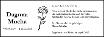Traueranzeige von Dagmar Mucha von vrm-trauer Allgemeine  Zeitung Ingelheim-Bingen