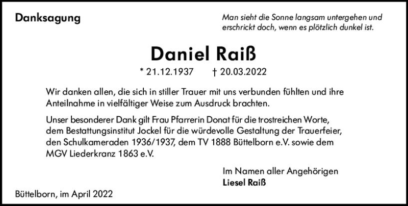  Traueranzeige für Daniel Raiß vom 09.04.2022 aus vrm-trauer Groß-Gerauer Echo