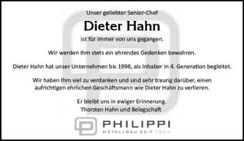 Traueranzeige von Dieter Hahn von vrm-trauer Wiesbadener Kurier