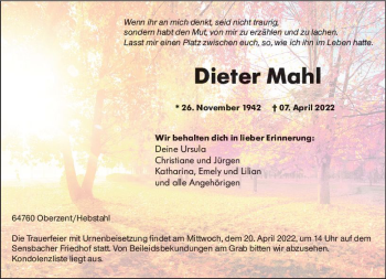 Traueranzeige von Dieter Mahl von vrm-trauer Odenwälder Echo
