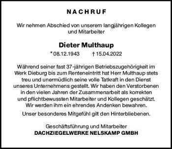 Traueranzeige von Dieter Multhaup von vrm-trauer DieburgerAnzeiger/Groß-Zimmerner Lokala