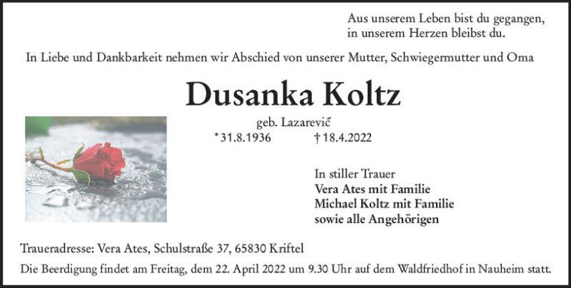  Traueranzeige für Dusanka Koltz vom 21.04.2022 aus vrm-trauer Rüsselsheimer Echo / MainSpitze