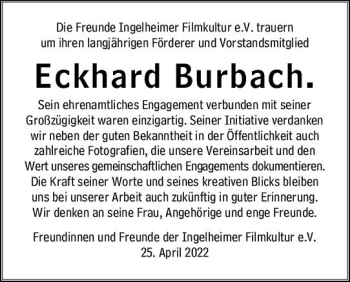 Traueranzeige von Eckhard Burbach von vrm-trauer Allgemeine  Zeitung Ingelheim-Bingen
