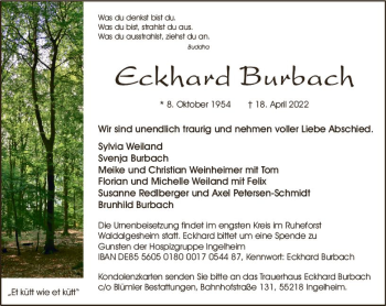 Traueranzeige von Eckhard Burbach von vrm-trauer Allgemeine  Zeitung Ingelheim-Bingen