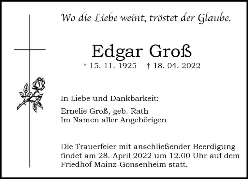  Traueranzeige für Edgar Groß vom 23.04.2022 aus vrm-trauer AZ Mainz