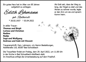 Traueranzeige von Edith Lehmann von vrm-trauer WK-UTA