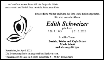 Traueranzeige von Edith Schweizer von vrm-trauer Rüsselsheimer Echo / MainSpitze
