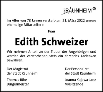Traueranzeige von Edith Schweizer von vrm-trauer Rüsselsheimer Echo / MainSpitze