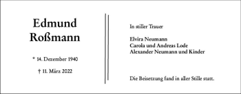 Traueranzeige von Edmund Roßmann von vrm-trauer Darmstädter Echo