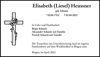 Traueranzeige von Elisabeth Heussner von vrm-trauer Allgemeine  Zeitung Ingelheim-Bingen