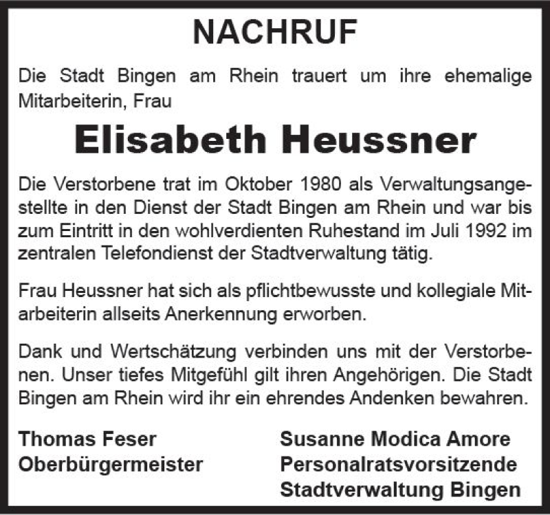  Traueranzeige für Elisabeth Heussner vom 16.04.2022 aus vrm-trauer Allgemeine  Zeitung Ingelheim-Bingen