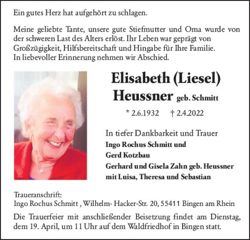  Traueranzeige für Elisabeth Heussner vom 16.04.2022 aus vrm-trauer Allgemeine  Zeitung Ingelheim-Bingen