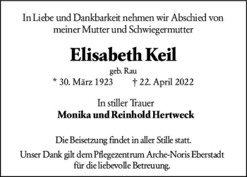 Traueranzeige von Elisabeth Keil von vrm-trauer Darmstädter Echo