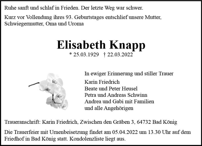  Traueranzeige für Elisabeth Knapp vom 02.04.2022 aus vrm-trauer Odenwälder Echo