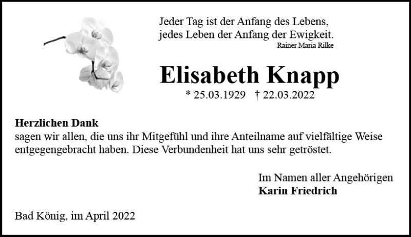  Traueranzeige für Elisabeth Knapp vom 16.04.2022 aus vrm-trauer Odenwälder Echo