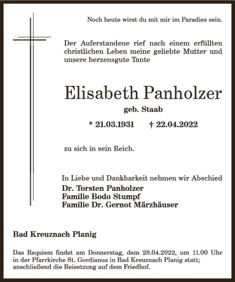  Traueranzeige für Elisabeth Panholzer vom 26.04.2022 aus vrm-trauer Allg. Zeitung Bad Kreuznach