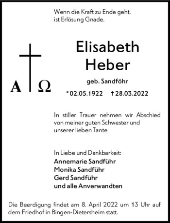 Traueranzeige von Elsbeth Heber von vrm-trauer Allgemeine  Zeitung Ingelheim-Bingen