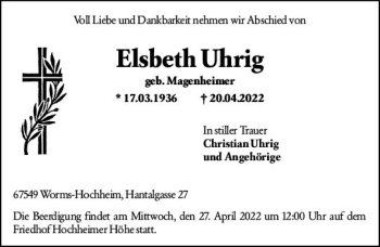 Traueranzeige von Elsbeth Uhrig von vrm-trauer Wormser Zeitung