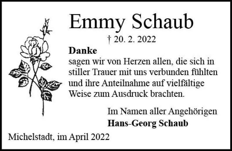  Traueranzeige für Emmy Schaub vom 02.04.2022 aus vrm-trauer Odenwälder Echo