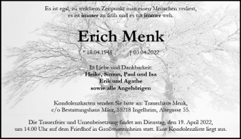Traueranzeige von Erich Menk von vrm-trauer Allgemeine  Zeitung Ingelheim-Bingen