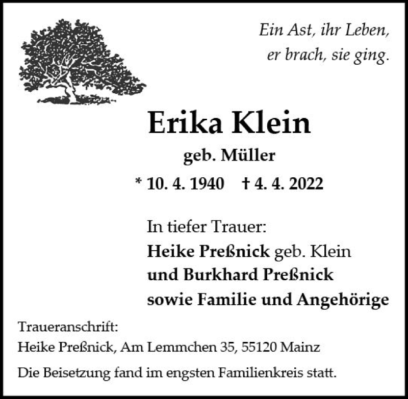  Traueranzeige für Erika Klein vom 30.04.2022 aus vrm-trauer AZ Mainz